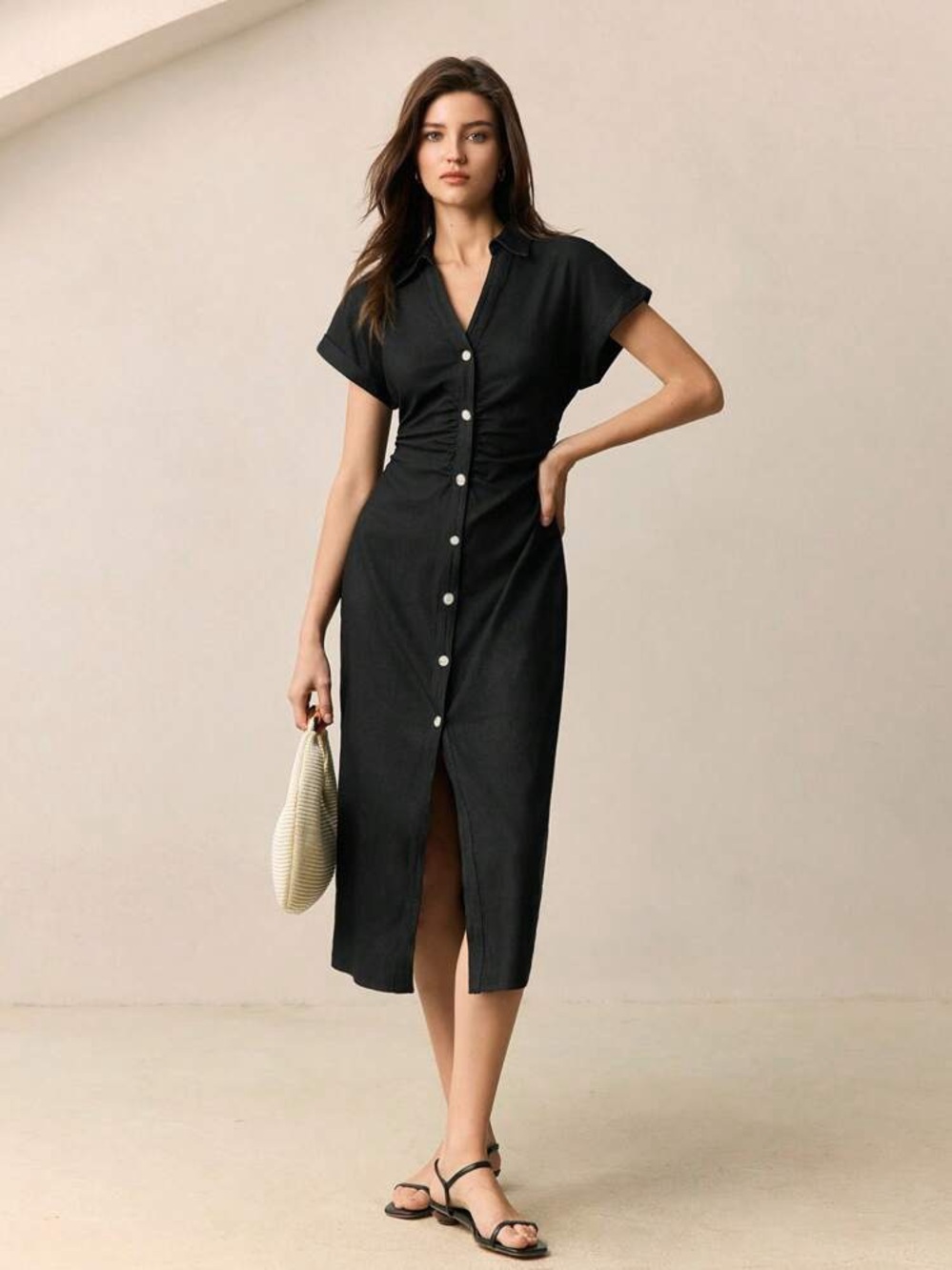 Zara Black Button-Front Midi Dress